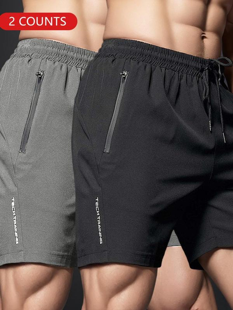 Men'S Letter Print Drawstring Sports Shorts, Sporty Breathable Pocket Zipper Shorts, Gym Shorts, Men'S Sportswear for Gym Workout Running