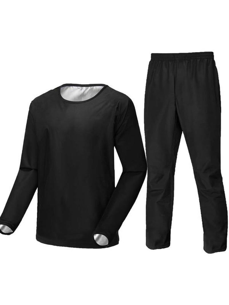 Men'S Solid Long Sleeve Tee & Elastic Waist Pants Sauna Suit Set, Sportswear Set for Gym Workout Running, Gym Clothes, Tracksuits for Men, Men Sport & Outdoor Clothing, Fall Outfit 2024