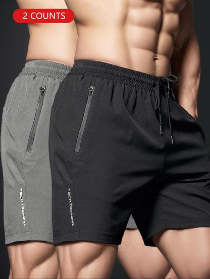 Men'S Letter Print Drawstring Sports Shorts, Sporty Breathable Pocket Zipper Shorts, Gym Shorts, Men'S Sportswear for Gym Workout Running