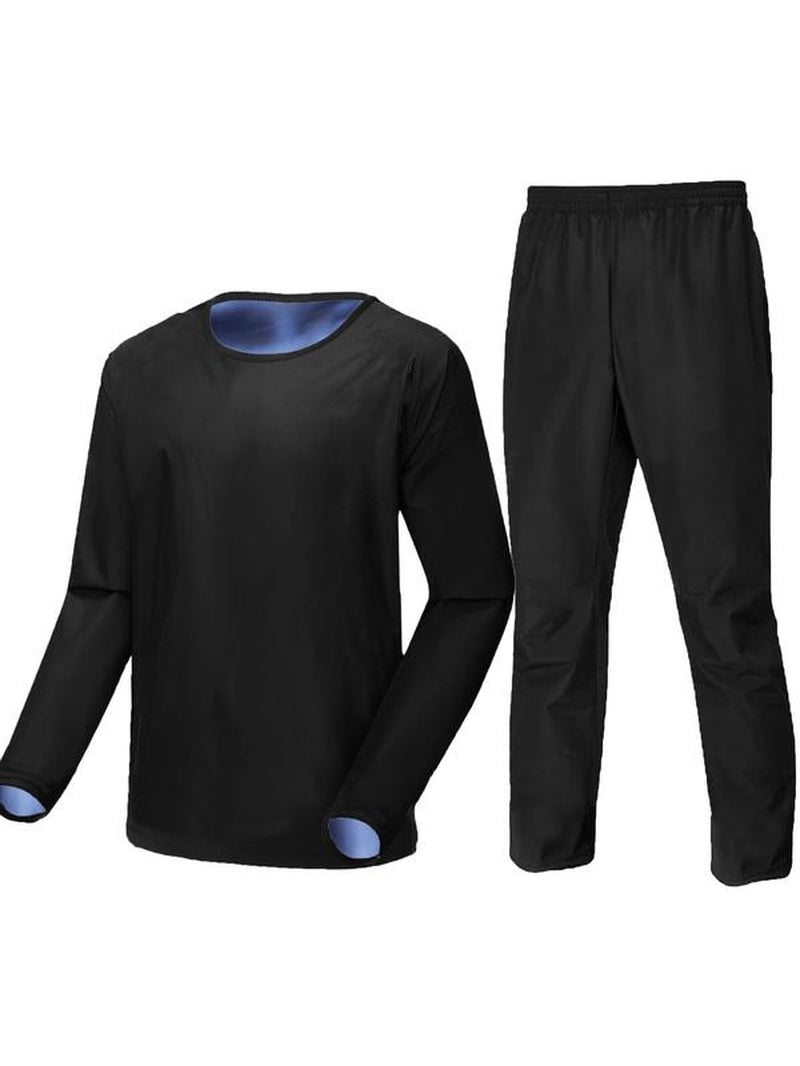 Men'S Solid Long Sleeve Tee & Elastic Waist Pants Sauna Suit Set, Sportswear Set for Gym Workout Running, Gym Clothes, Tracksuits for Men, Men Sport & Outdoor Clothing, Fall Outfit 2024